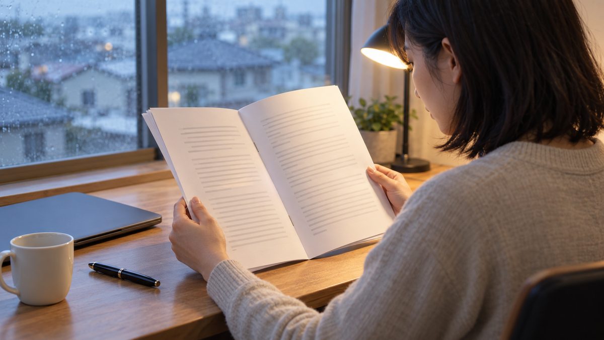 雨の午後に自宅の机でエンジニアが契約書の写しを読み返す肩越しの場面