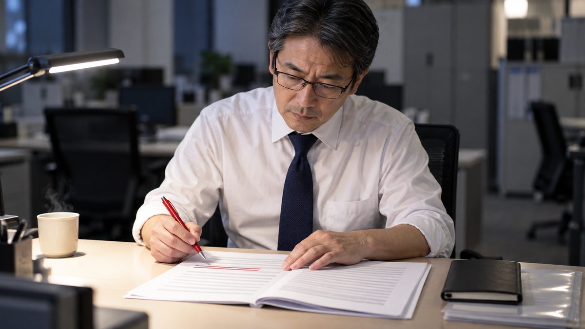 夕方の自席で課長が条項の案に赤ペンで線を引いて直す
