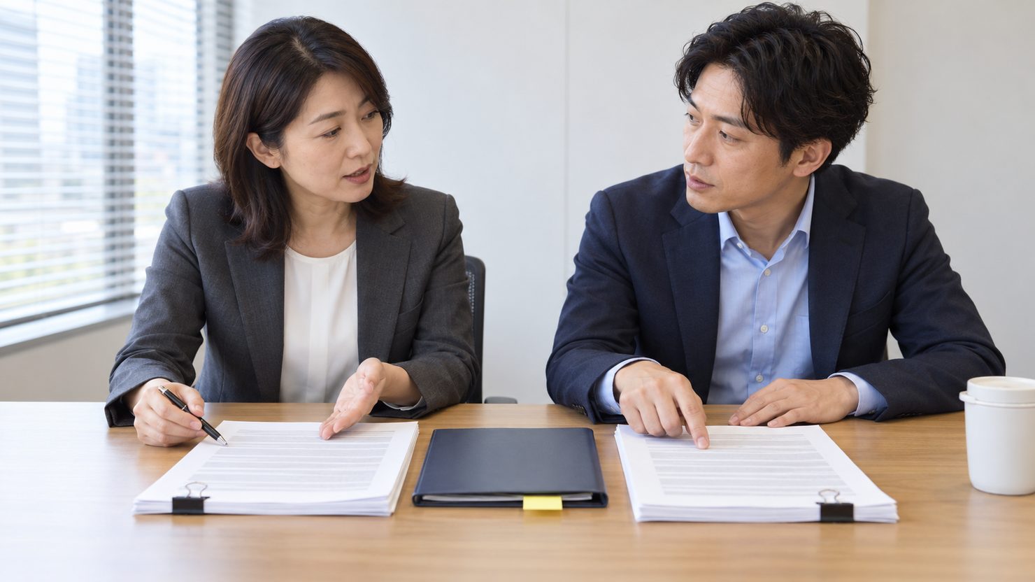 法務の担当者と発注担当が並んで座り2束の条文の印刷物を見比べる