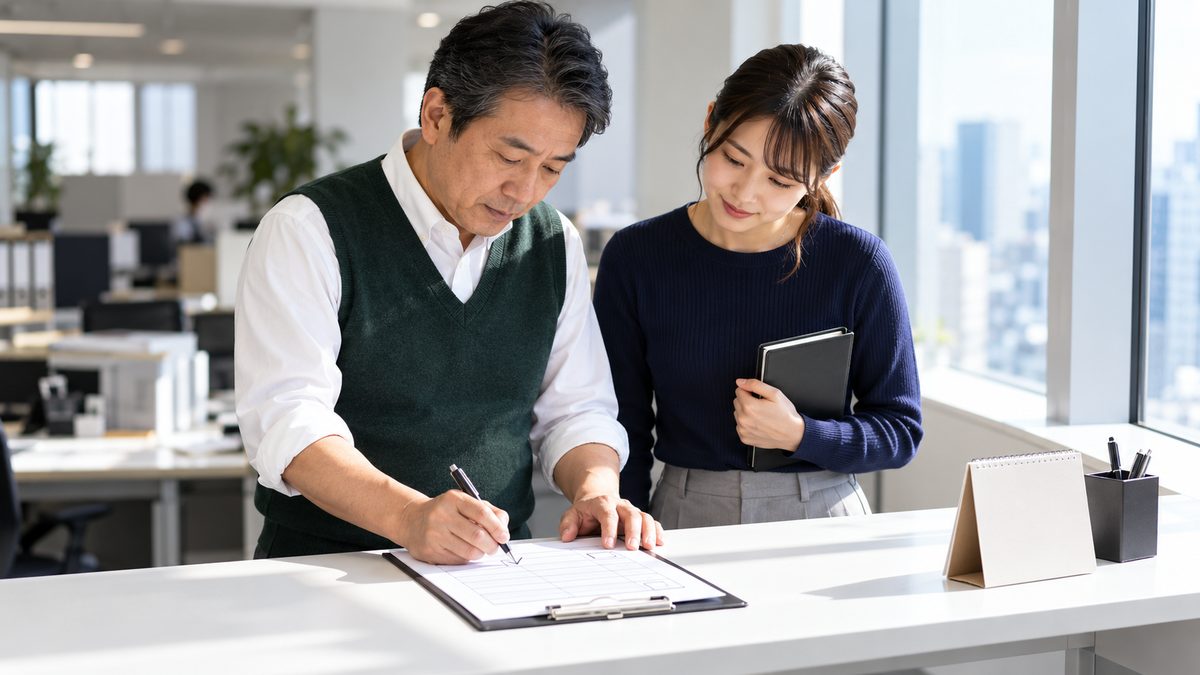 窓際のカウンターで経理の担当者と発注担当が発注書の項目にチェックを入れる