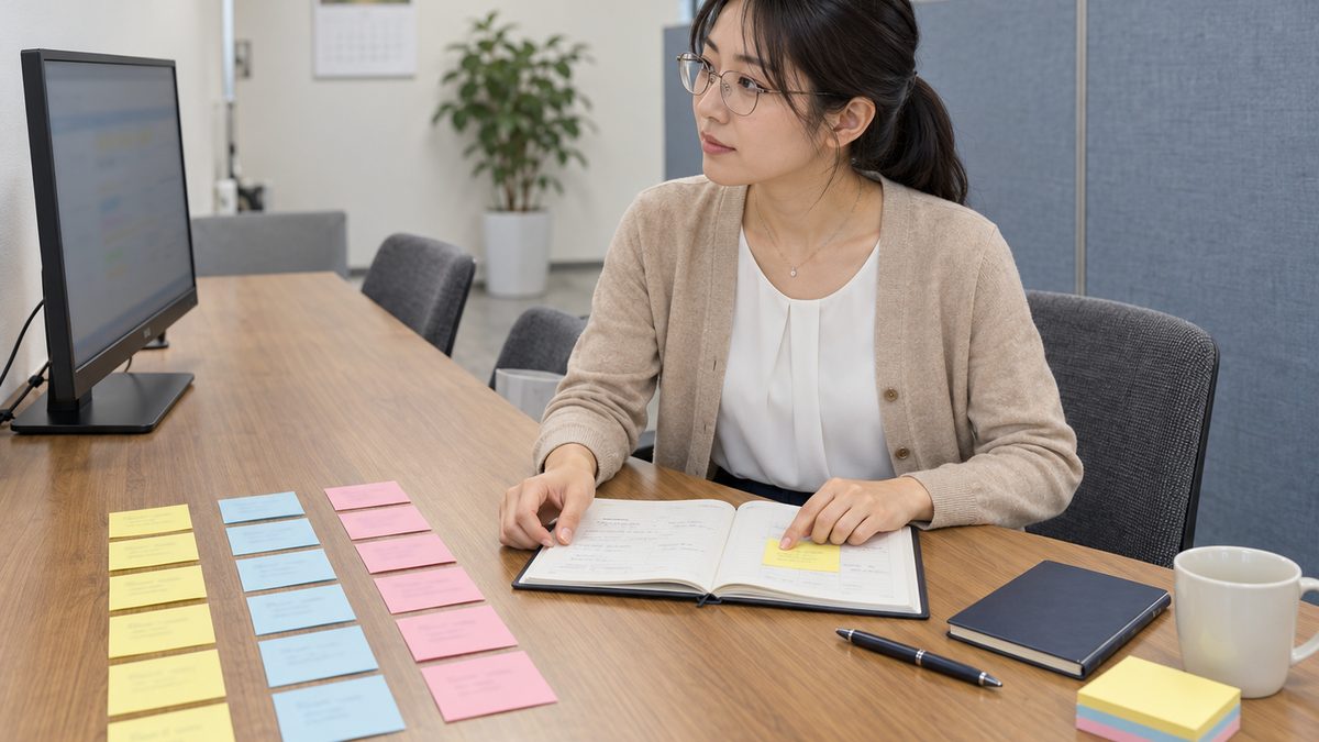担当者が右手の人差し指で黄色い付箋を手帳の右ページに貼り終え、指を添えたまま顔を少し上げて、机の奥に3列に並べた付箋を見