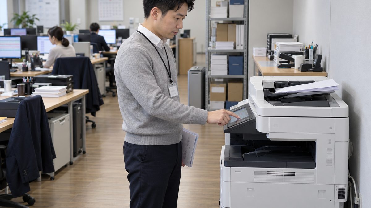 担当者が書類の束を複合機の上の自動原稿送り装置に差し込み終え、右手の人差し指で操作パネルの開始の位置に触れる