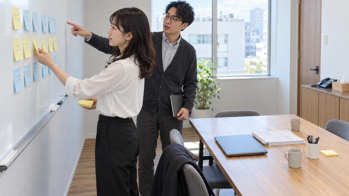 人物Aが右手で付箋を1枚つまんで一段下の列へ移している