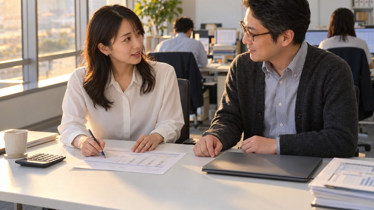 担当者がペン先で比較の表の一行を指したまま顔を上げて上長に話し、上長が担当者の方へ顔を向けて聞いている