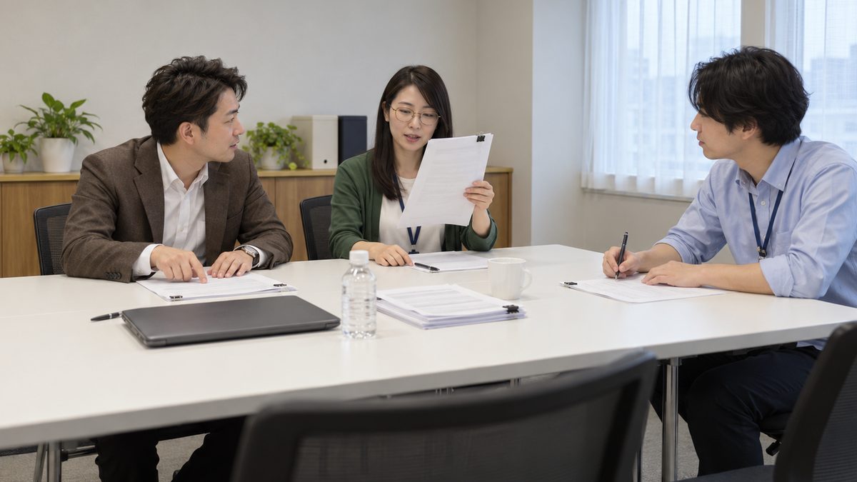 中央の社員が手順の紙を右手に持って連絡の順番の一行を読み上げ、左と右の社員が顔を向けて聞いた