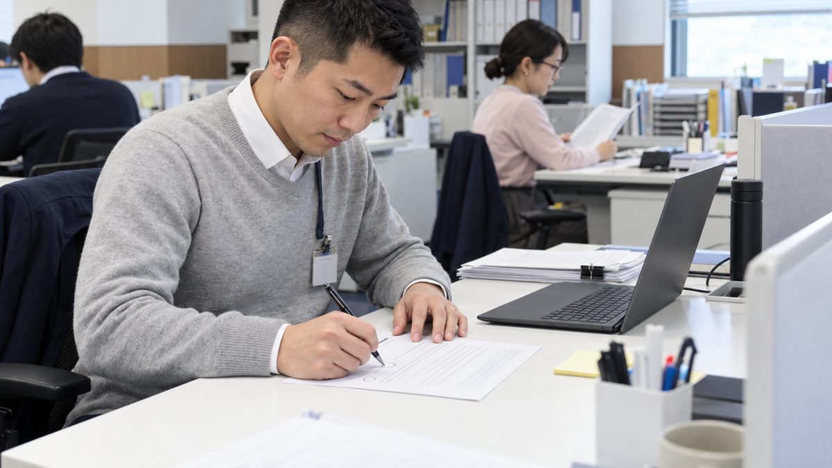 人物Aが右手のボールペンで依頼書の2つ目の項目の横に丸印を付け、左手で依頼書の左上の角を押さえている