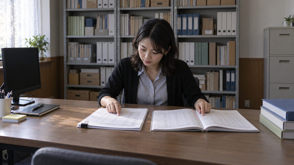 人物Aが左手の人差し指で冊子の表の1行をたどり、右手の人差し指で報告書の同じ数字の行を押さえて、2つを見比べている