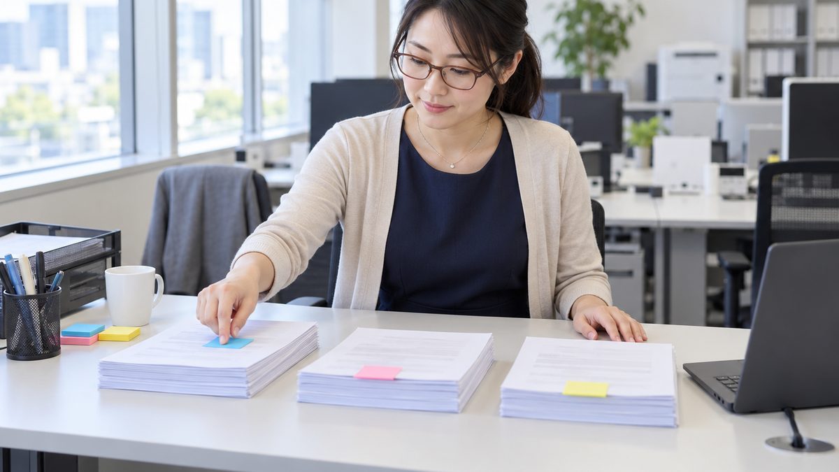 担当者が机の上に3つに分けた資料の束のうち、本人の右側の束の一番上の紙の上の端に、右手の人差し指で青い付箋を押し付けて貼