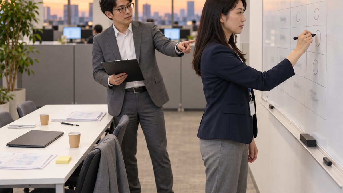 人物Bがホワイトボードの表の右の列のマスにマーカーで丸を書き込み、隣の人物Aが左手でその行を指して確かめる