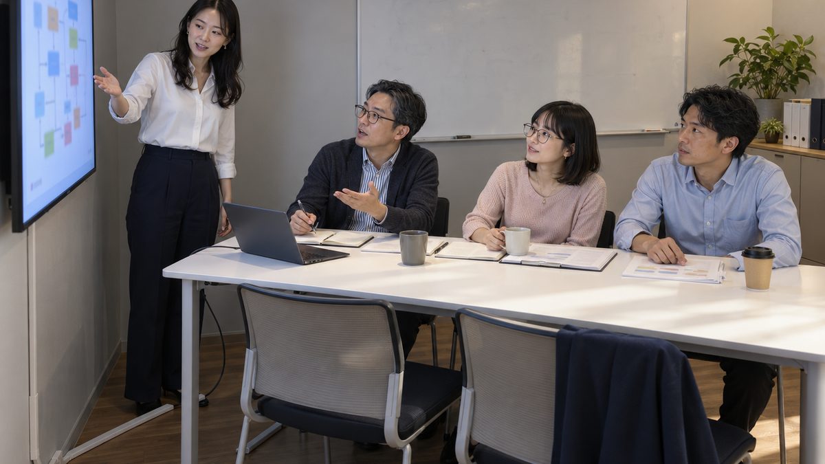 壁のモニターの脇に立つ担当者が右手の手のひらで画面の手順の一か所を示し、座る課長がそちらを見ながら口を開いて質問する