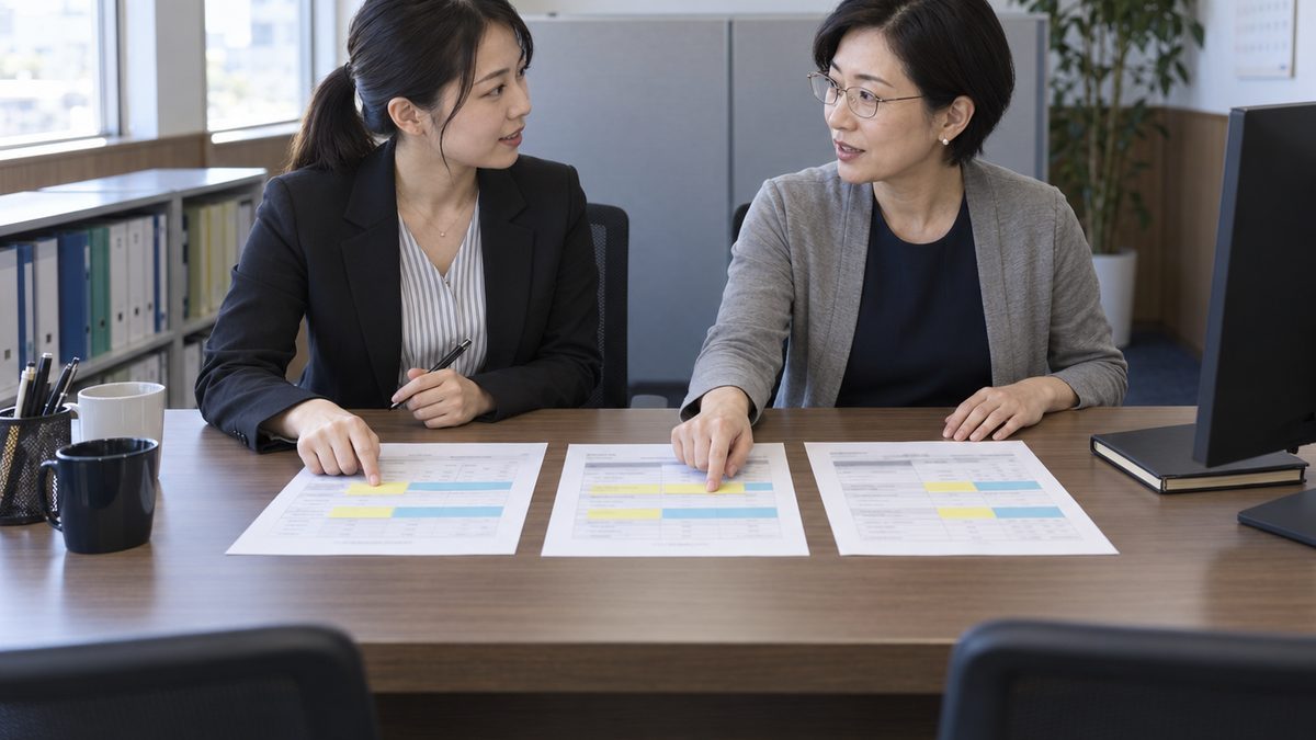 二人が別々の見積もりの紙の同じ範囲の行に人差し指を置いたまま顔を上げ、役員が担当者のほうを向いて話しかける