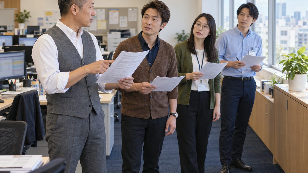 列のいちばん手前の課長が手順の紙を胸の前で持って話し、奥の三人が自分の紙を持ったまま顔を上げて課長のほうを見る